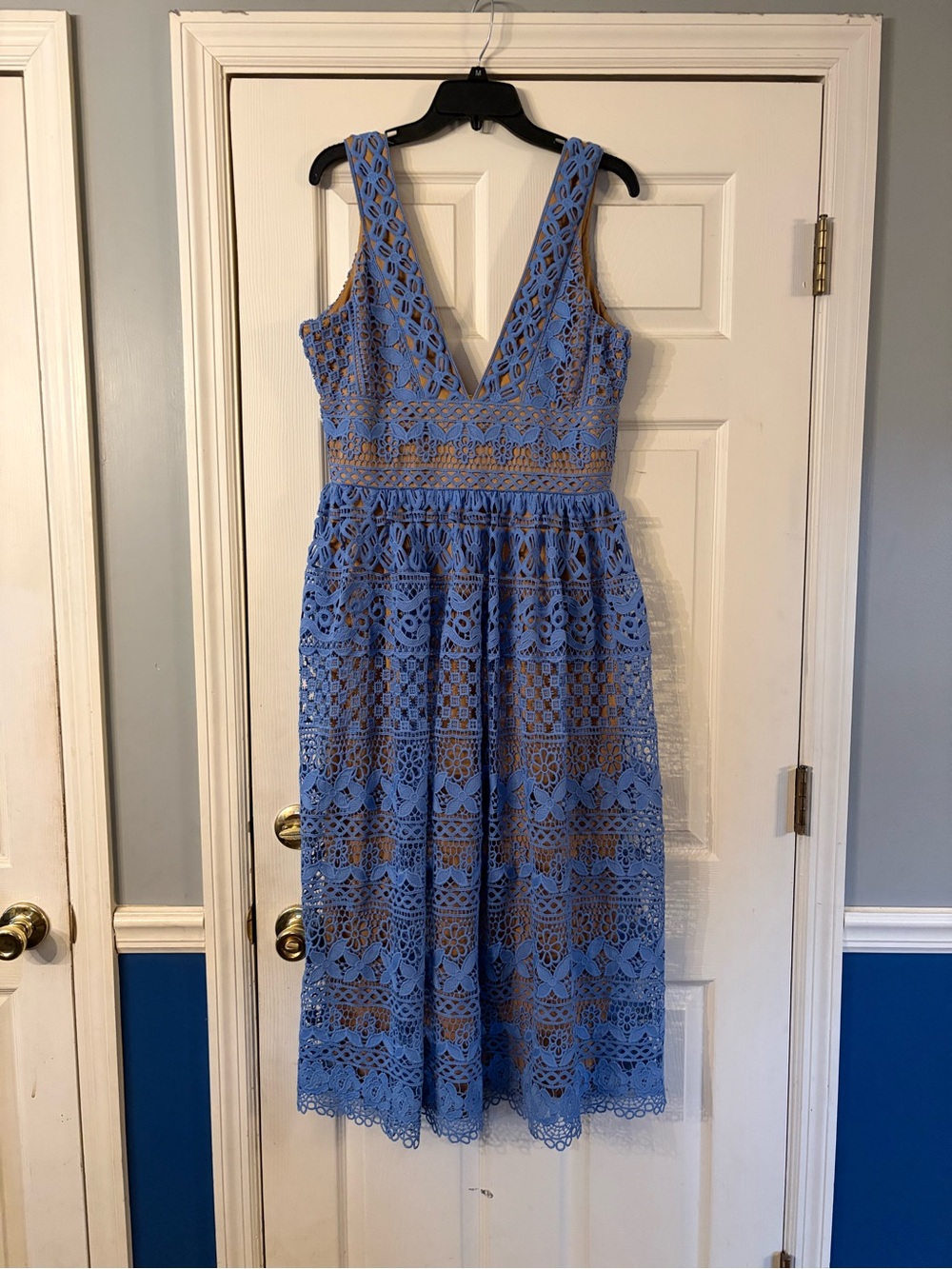 Boohoo Periwinkle Crochet Lace Midi Dress with Nude Lining